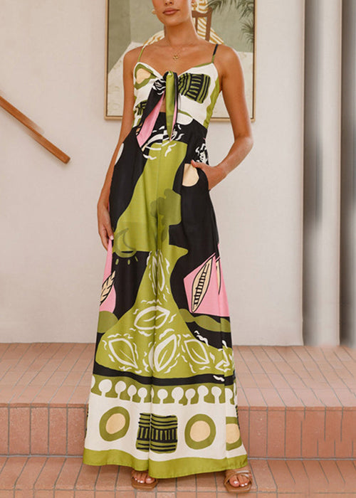 Bohemian Green Print Zippered Pockets Cotton Wide Leg Jumpsuit Sleeveless