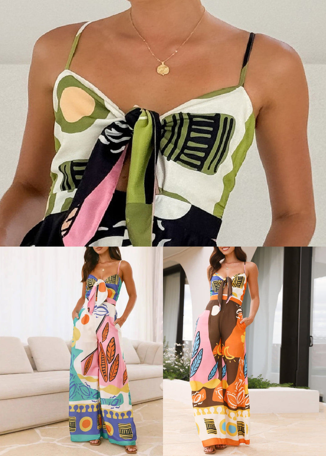 Bohemian Green Print Zippered Pockets Cotton Wide Leg Jumpsuit Sleeveless