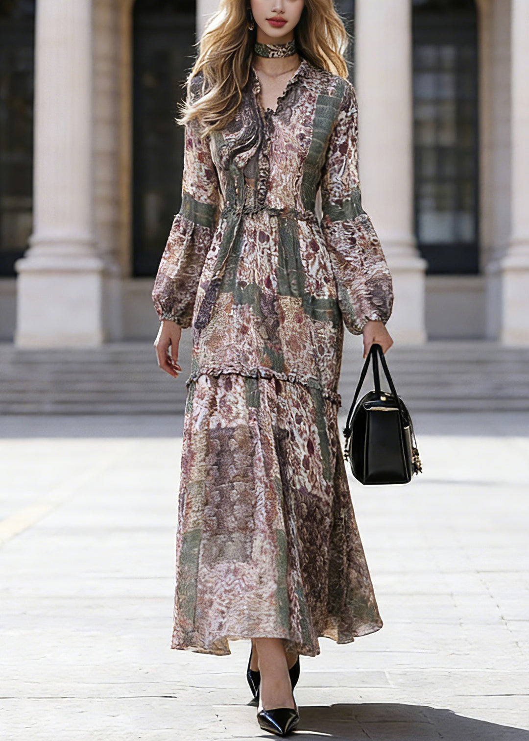 Bohemian Green Ruffled Patchwork Chiffon Vacation Maxi Dresses Spring