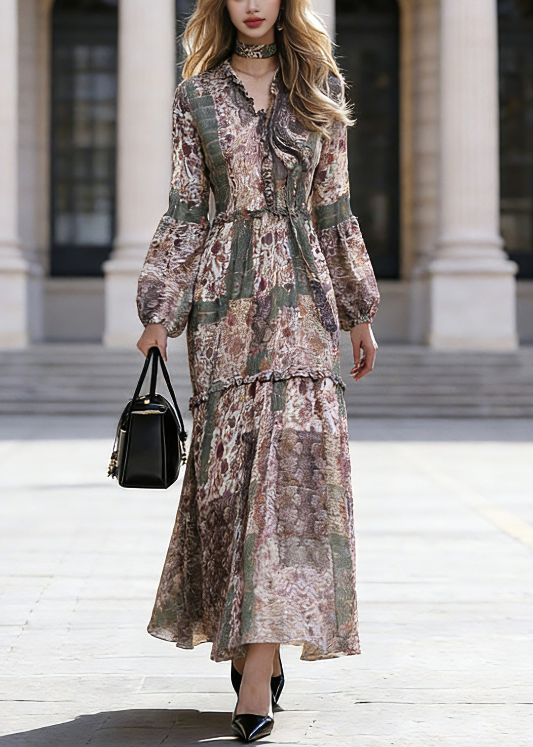 Bohemian Green Ruffled Patchwork Chiffon Vacation Maxi Dresses Spring