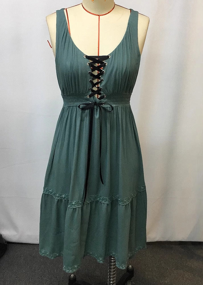 Bohemian Green Ruffled Patchwork Long Spaghetti Strap Dress Sleeveless