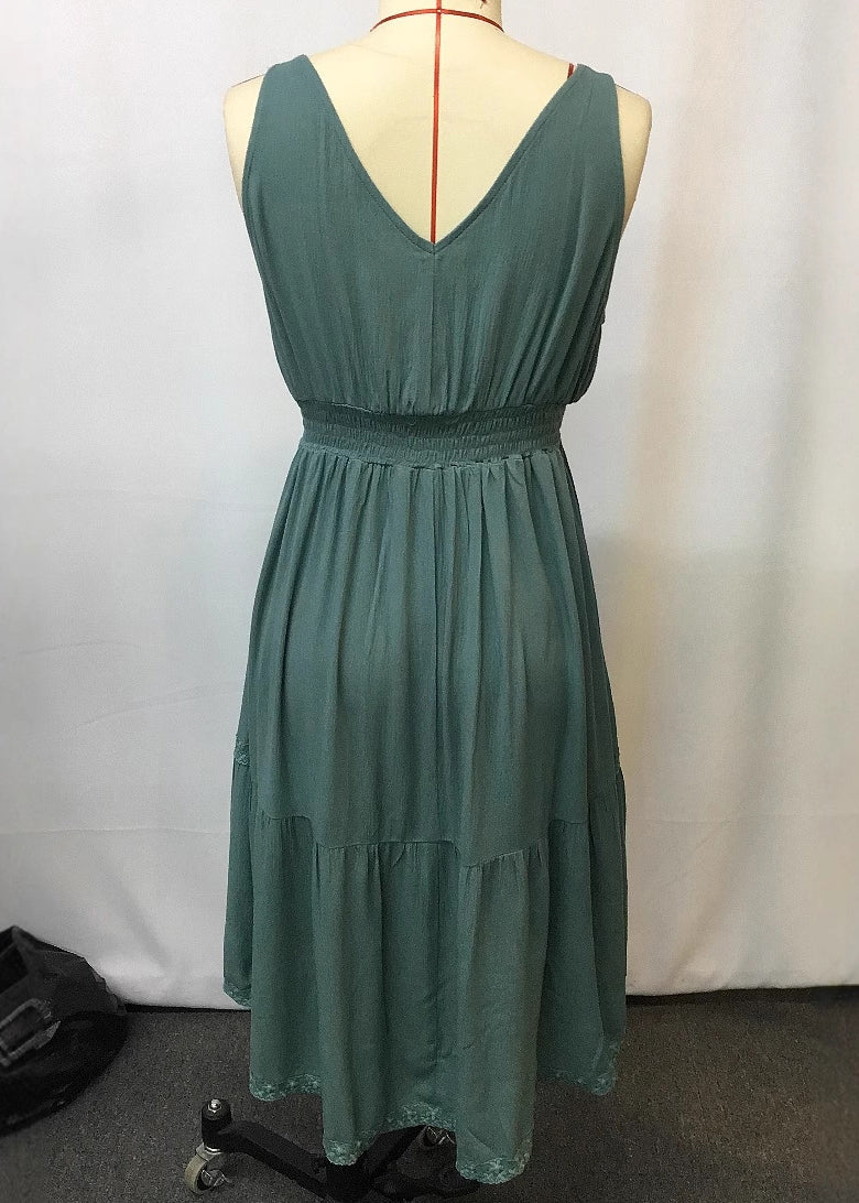 Bohemian Green Ruffled Patchwork Long Spaghetti Strap Dress Sleeveless