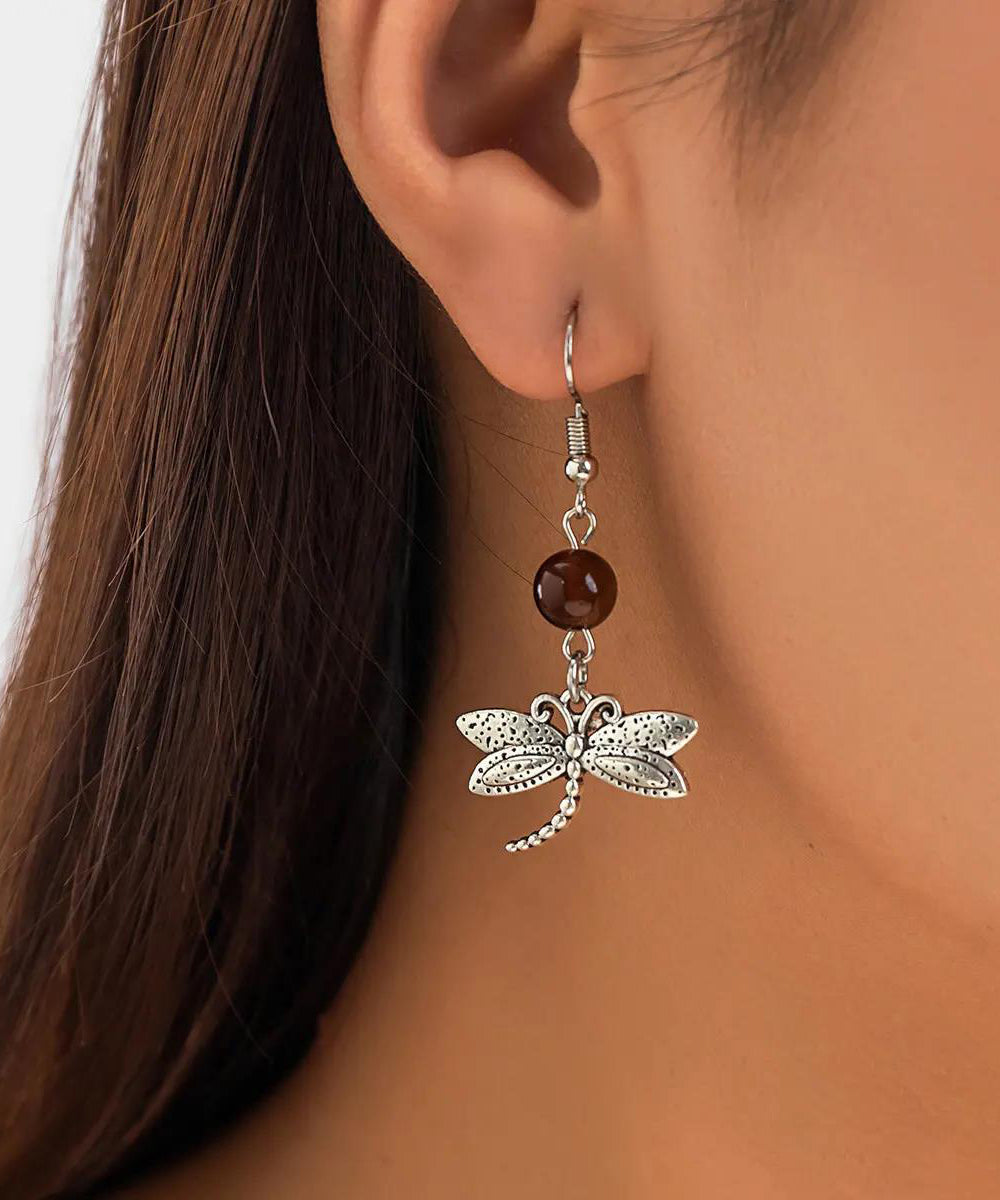 Bohemian Green Sterling Silver Dragonfly Drop Earrings