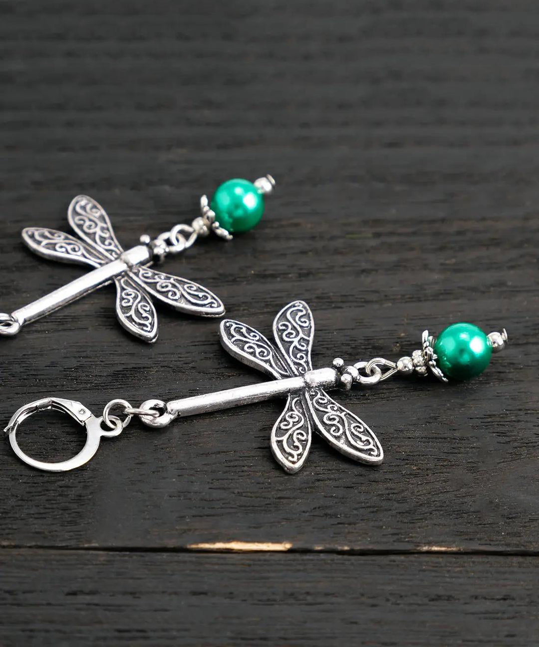 Bohemian Green Sterling Silver Dragonfly Drop Earrings
