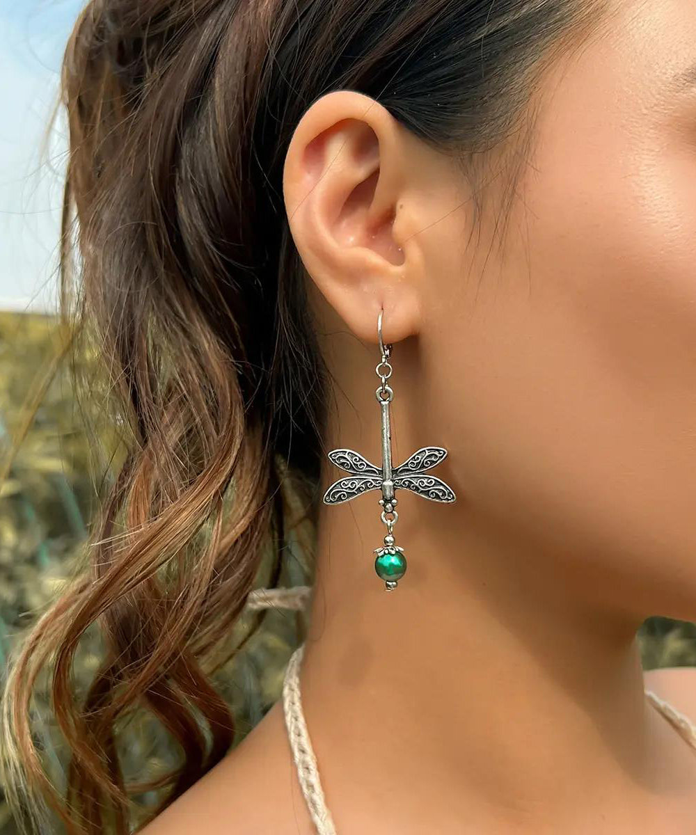 Bohemian Green Sterling Silver Dragonfly Drop Earrings