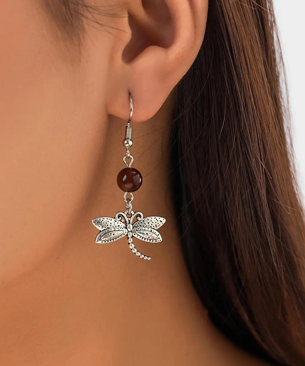 Bohemian Green Sterling Silver Dragonfly Drop Earrings