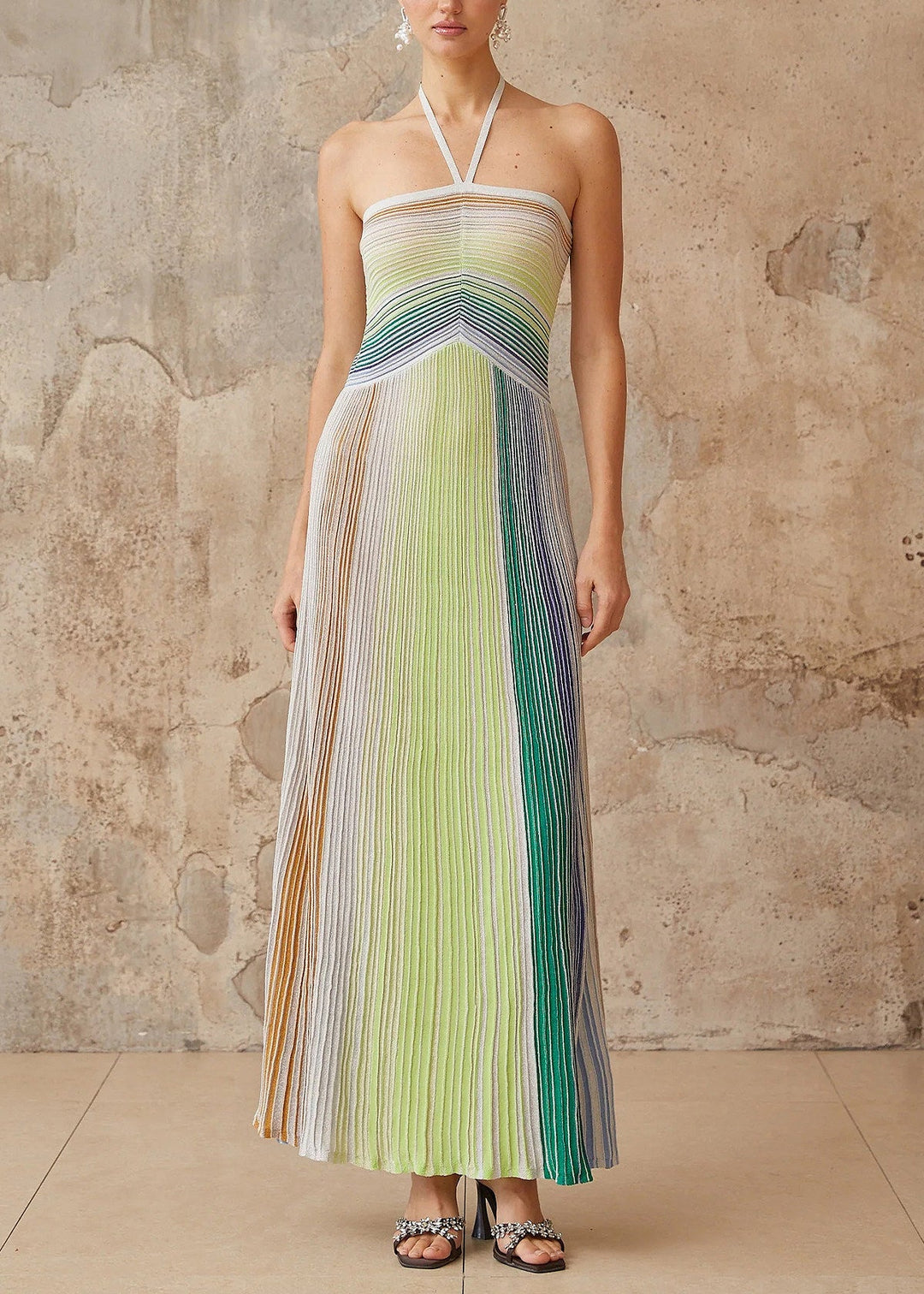 Bohemian Green Striped Neck Strap Ankle Dress Summer