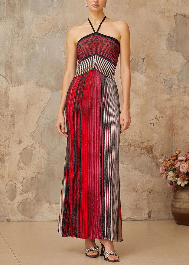 Bohemian Green Striped Neck Strap Ankle Dress Summer