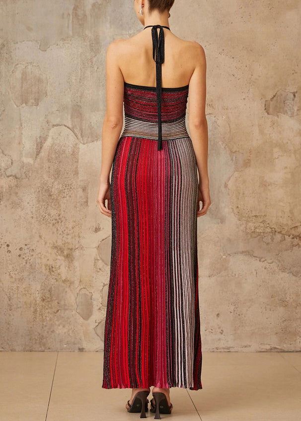 Bohemian Green Striped Neck Strap Ankle Dress Summer