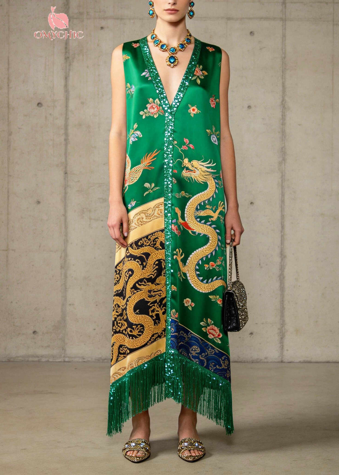 Bohemian Green Tasseled Sequins Silk Robe Dresses Sleeveless