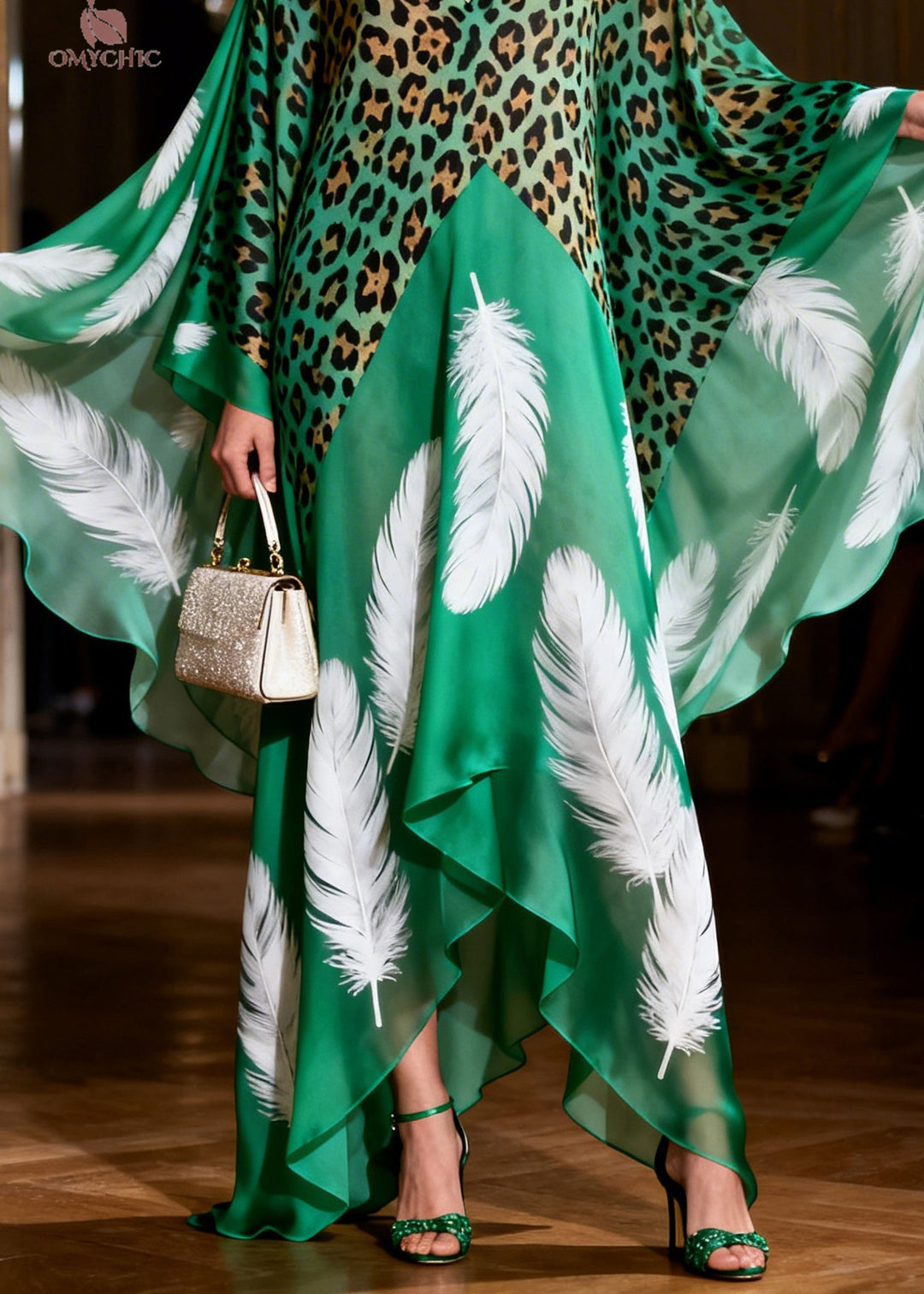 Bohemian Green V Neck Leopard Feather Print Silk Long Dresses Summer