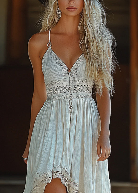 Bohemian Green V Neck Plaid Button Chiffon Long Dress Sleeveless