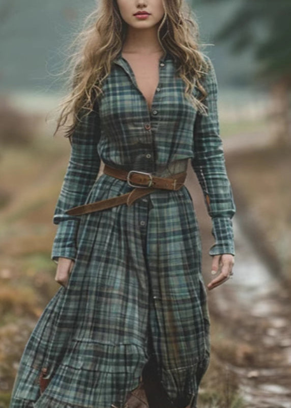 Bohemian Green V Neck Plaid Button Chiffon Long Dress Spring