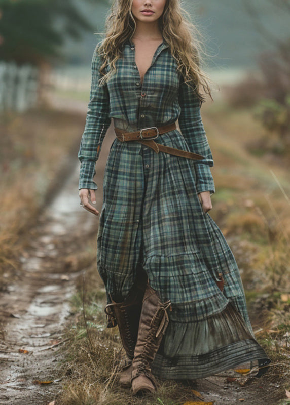 Bohemian Green V Neck Plaid Button Chiffon Long Dress Spring
