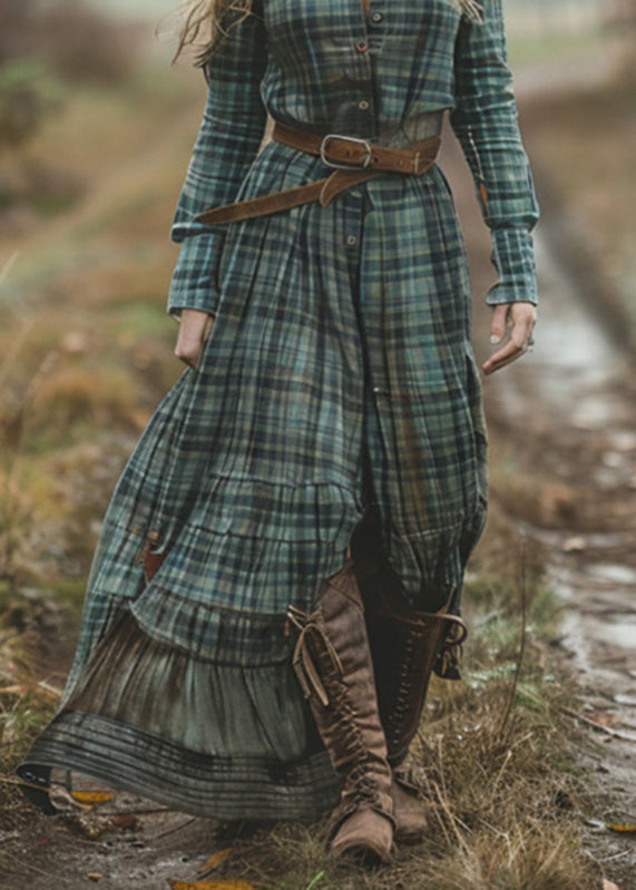 Bohemian Green V Neck Plaid Button Chiffon Long Dress Spring