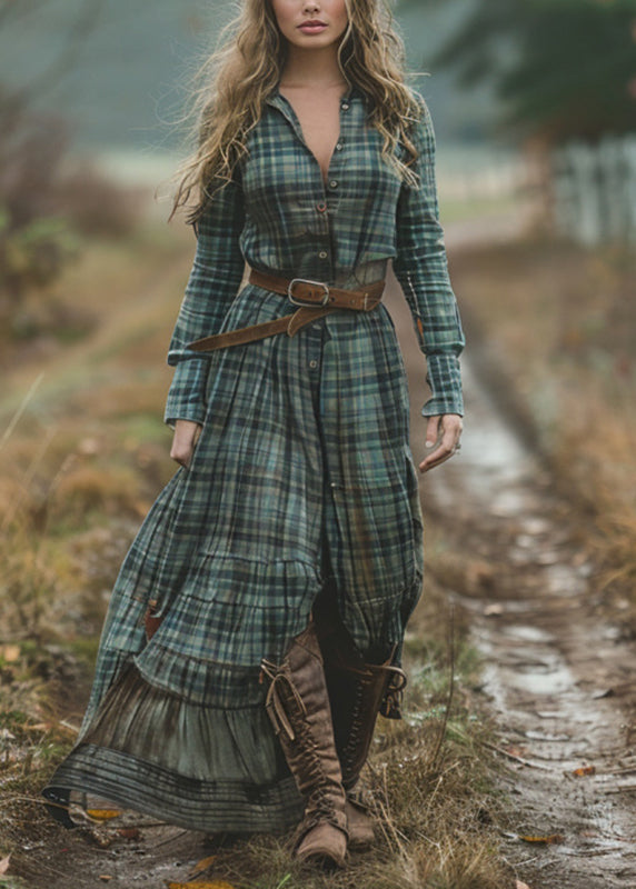 Bohemian Green V Neck Plaid Button Chiffon Long Dress Spring