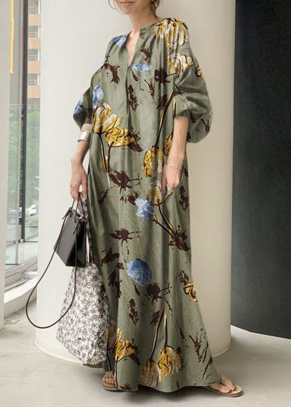 Bohemian Green V Neck Print Cotton Dresses Lantern Sleeve