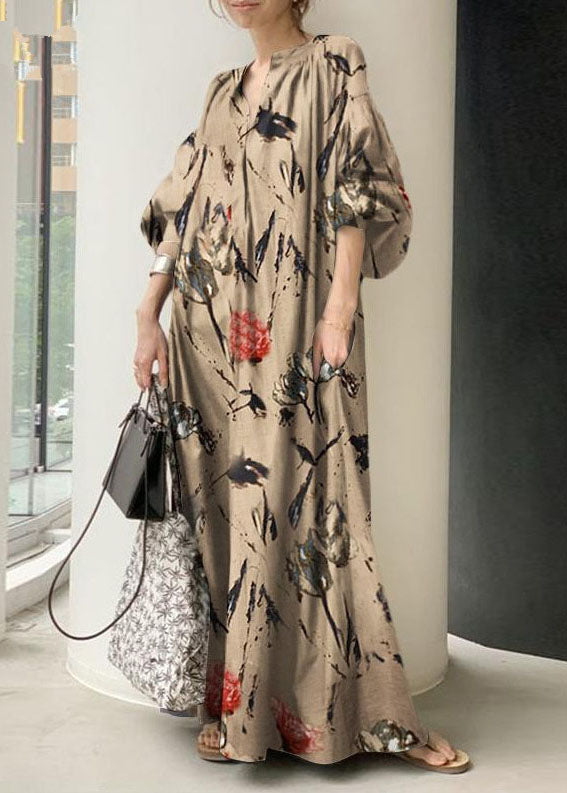Bohemian Green V Neck Print Cotton Dresses Lantern Sleeve