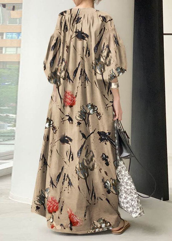 Bohemian Green V Neck Print Cotton Dresses Lantern Sleeve