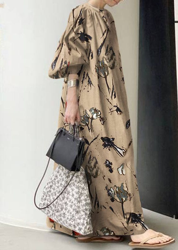 Bohemian Green V Neck Print Cotton Dresses Lantern Sleeve