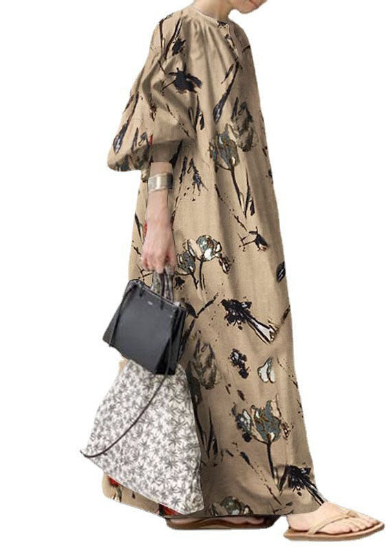 Bohemian Green V Neck Print Cotton Dresses Lantern Sleeve