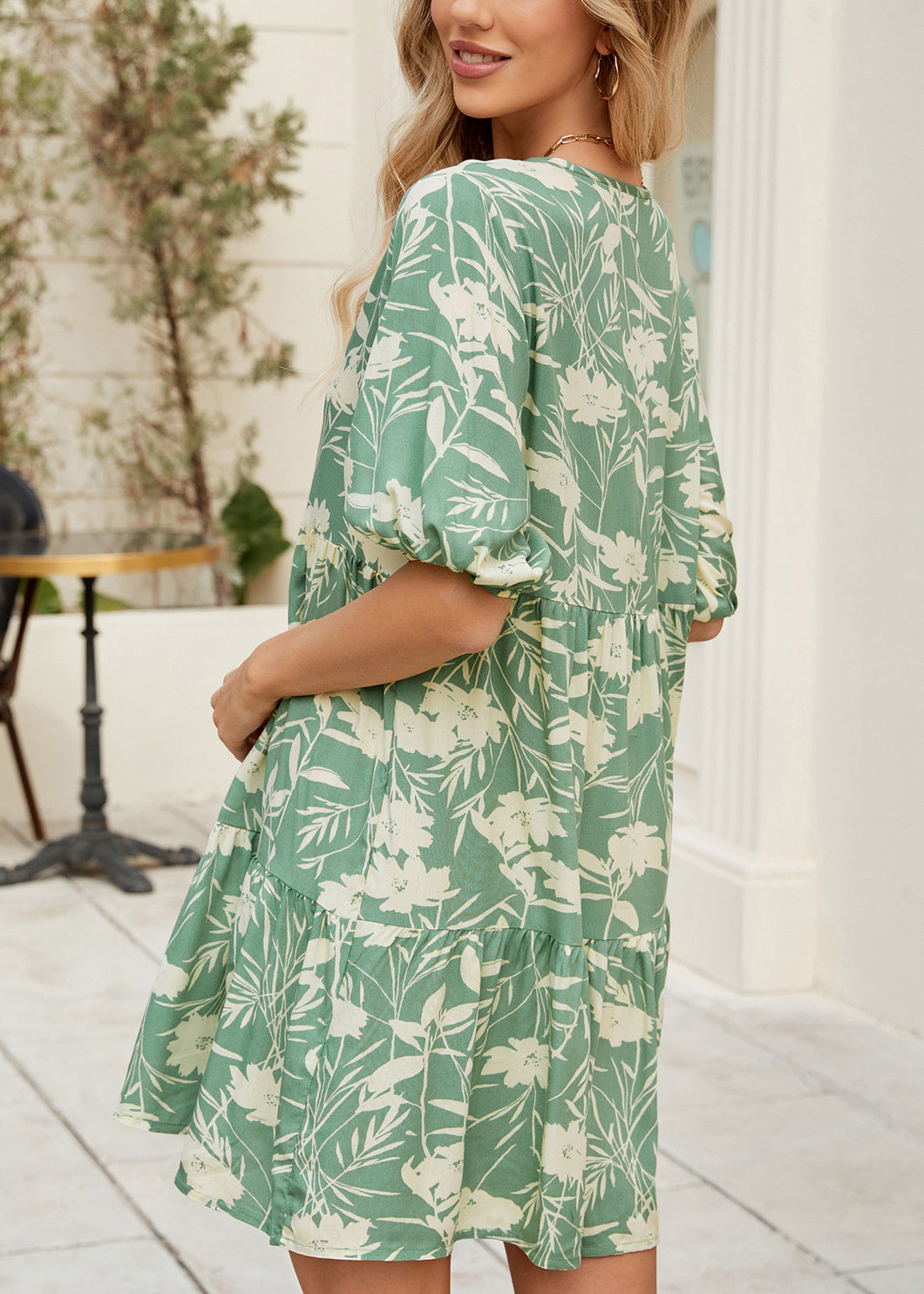 Bohemian Green V Neck Print Cotton Mid Dress Summer
