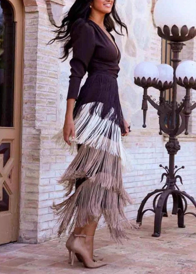 Bohemian Green V Neck Tassel Patchwork Cotton Dress Spring