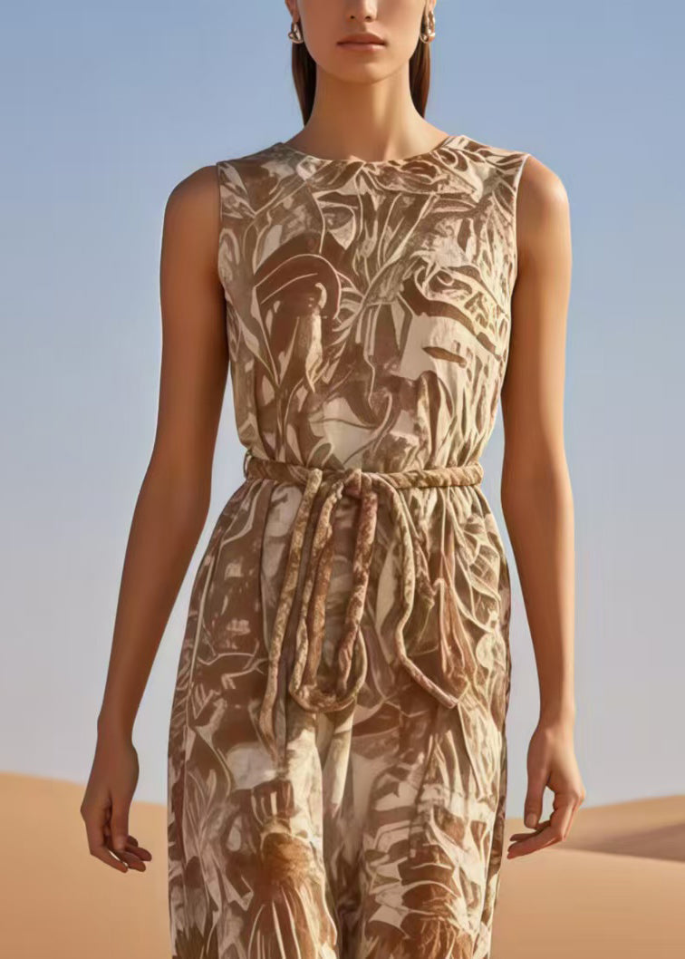 Bohemian Khaki Cinched Print Cotton Jumpsuits Summer