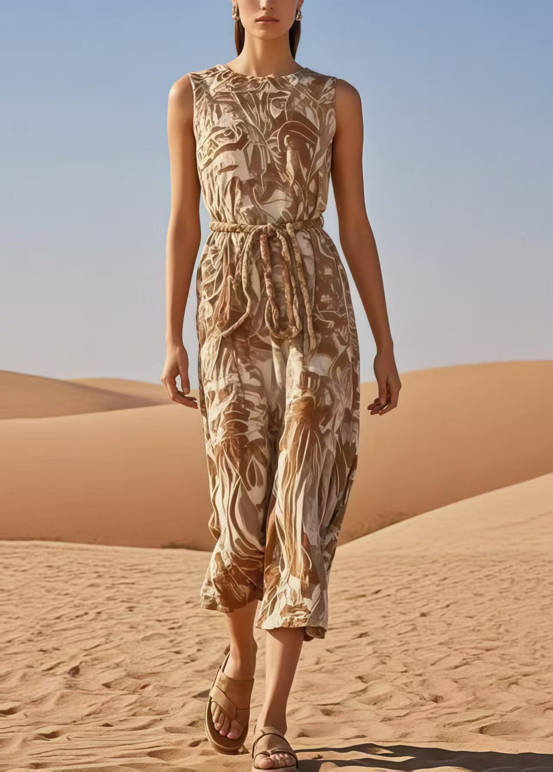 Bohemian Khaki Cinched Print Cotton Jumpsuits Summer