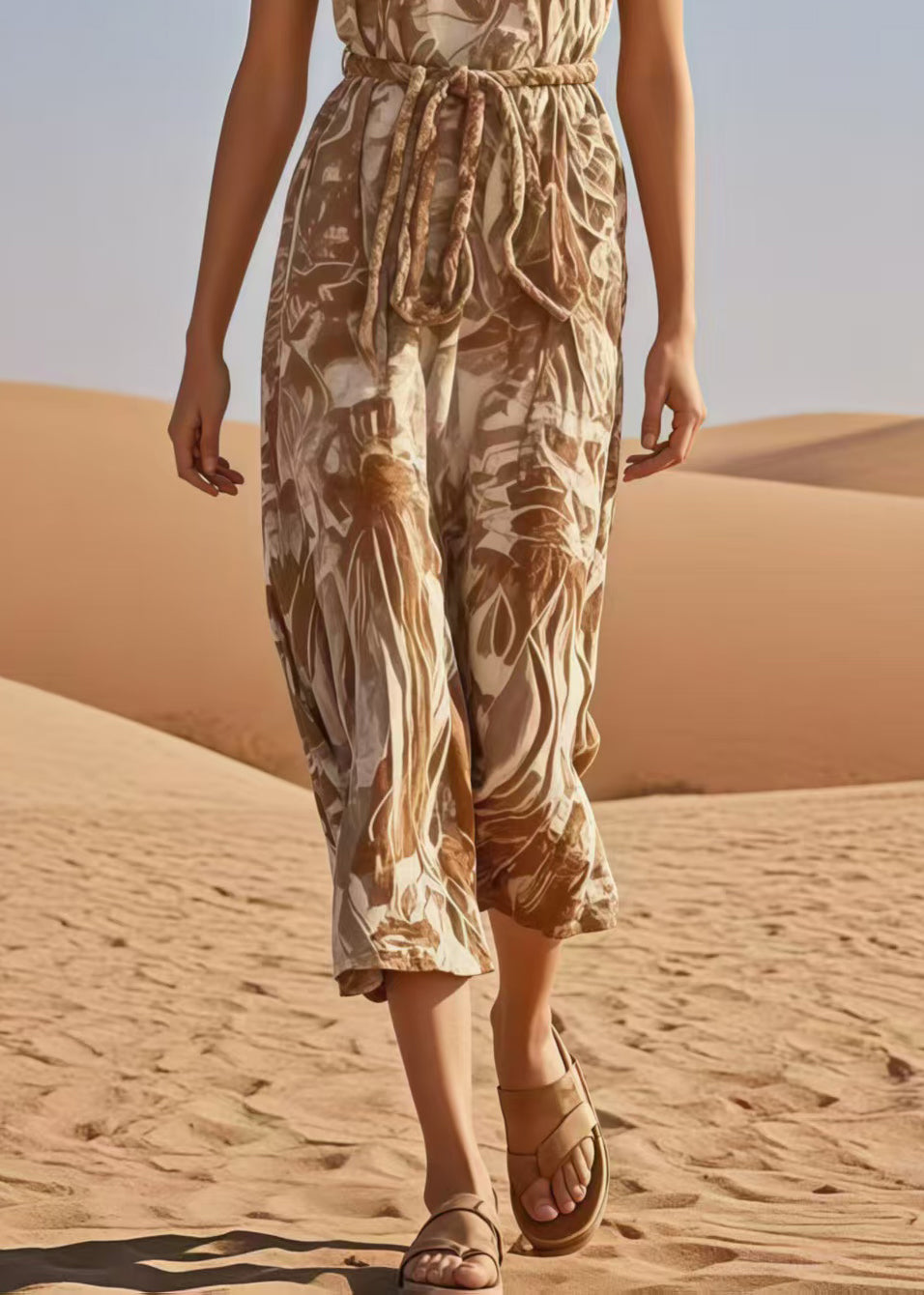 Bohemian Khaki Cinched Print Cotton Jumpsuits Summer