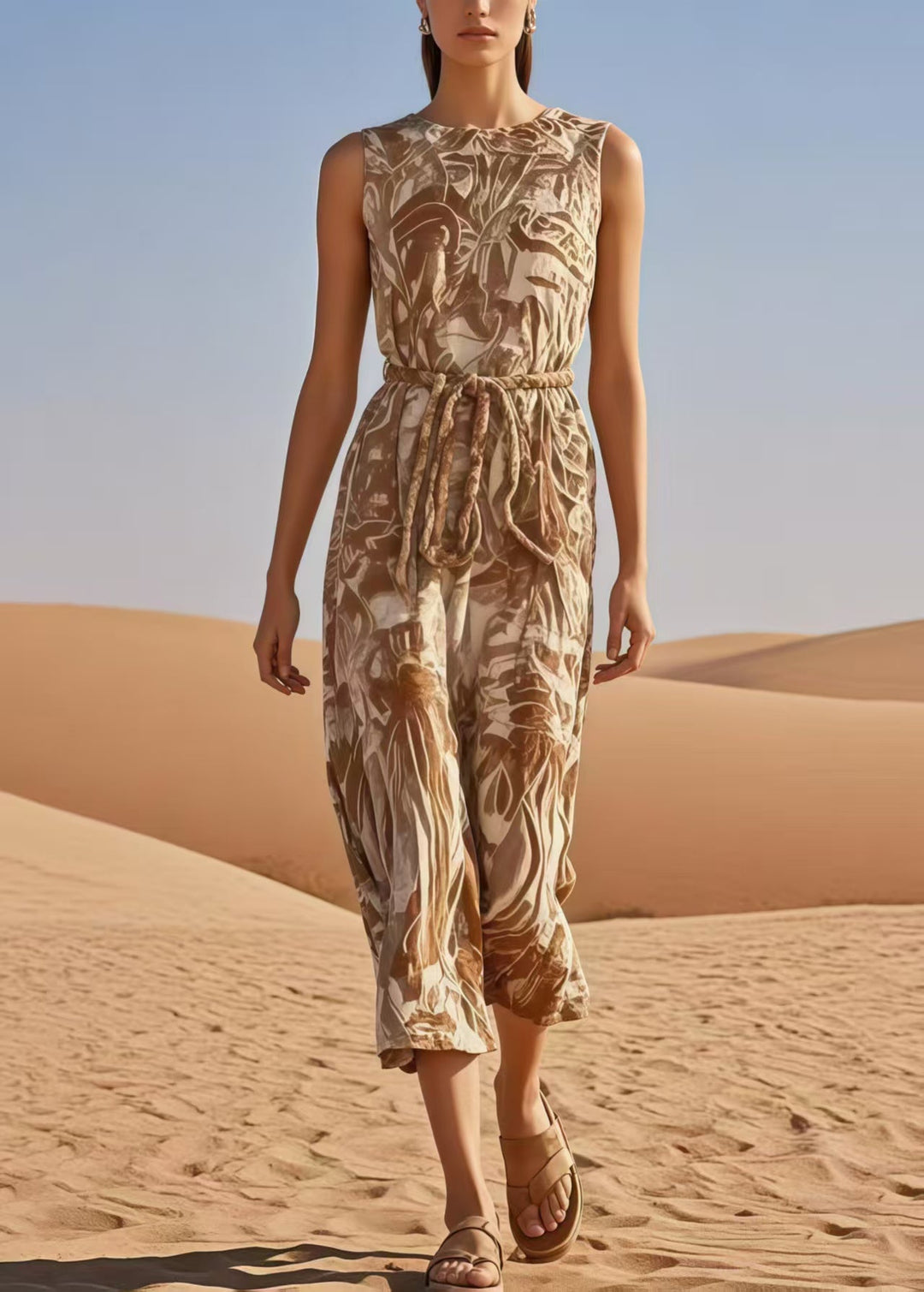 Bohemian Khaki Cinched Print Cotton Jumpsuits Summer