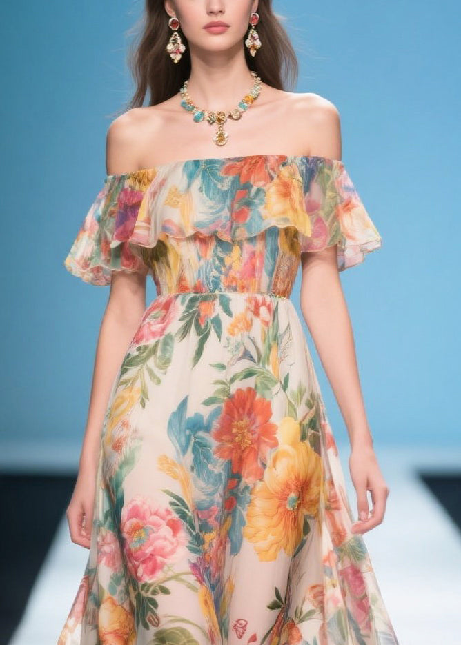 Bohemian Khaki Cold Shoulder Print Chiffon Long Dress Summer