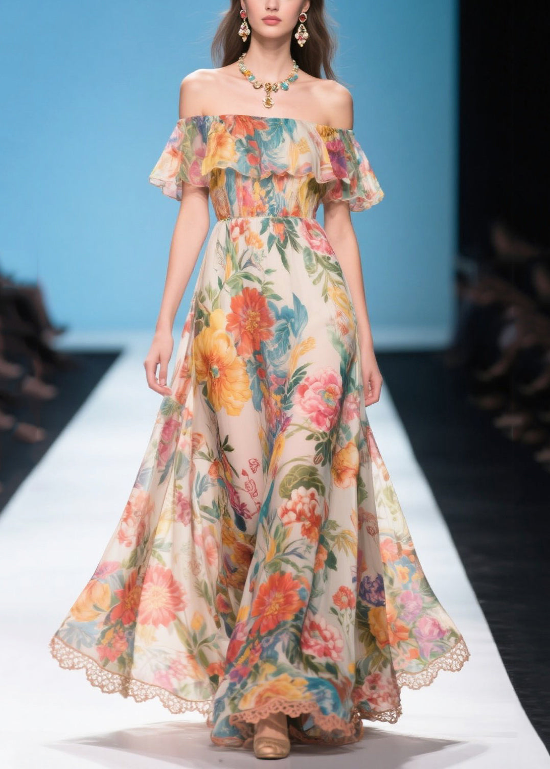Bohemian Khaki Cold Shoulder Print Chiffon Long Dress Summer