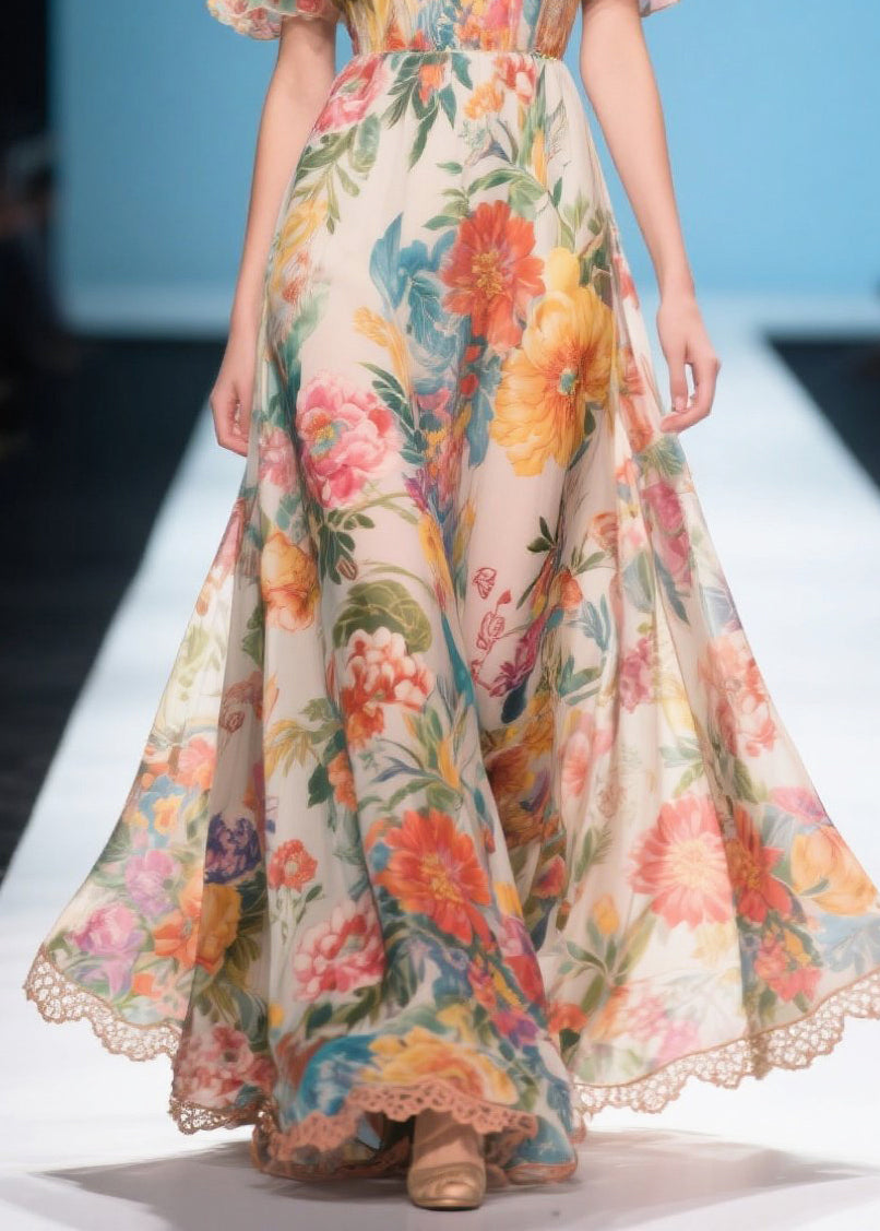 Bohemian Khaki Cold Shoulder Print Chiffon Long Dress Summer