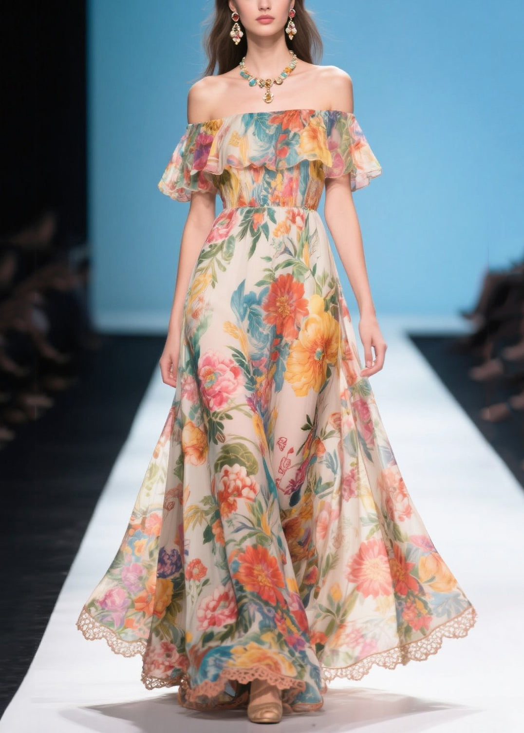 Bohemian Khaki Cold Shoulder Print Chiffon Long Dress Summer
