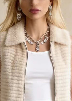 Bohemian Khaki Peter Pan Collar Faux Mink Hair Vests Winter