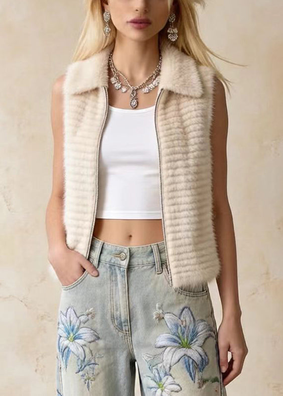 Bohemian Khaki Peter Pan Collar Faux Mink Hair Vests Winter