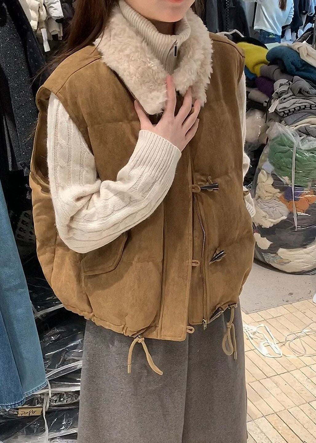 Bohemian Khaki Rabbit Hair Collar Drawstring Vests Winter