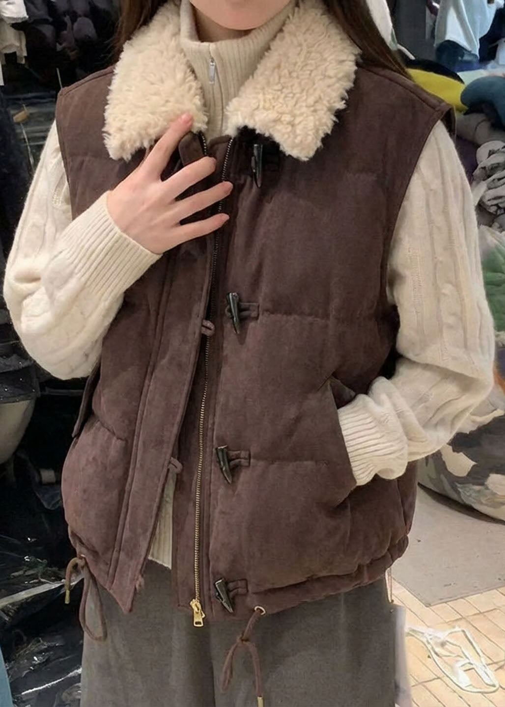 Bohemian Khaki Rabbit Hair Collar Drawstring Vests Winter
