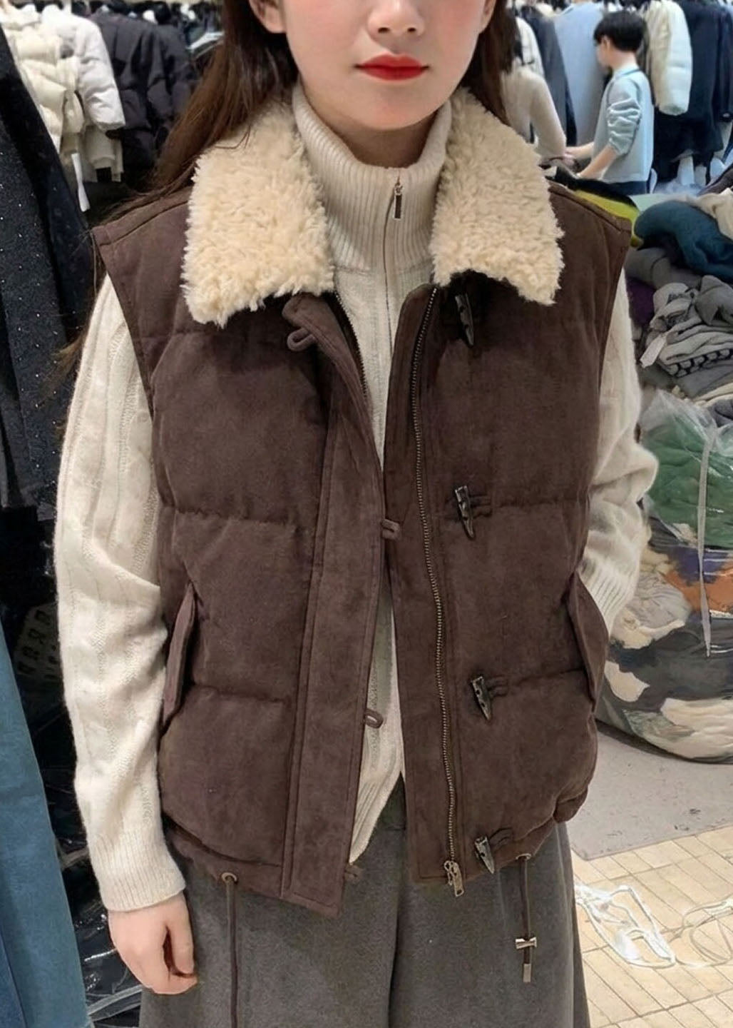 Bohemian Khaki Rabbit Hair Collar Drawstring Vests Winter