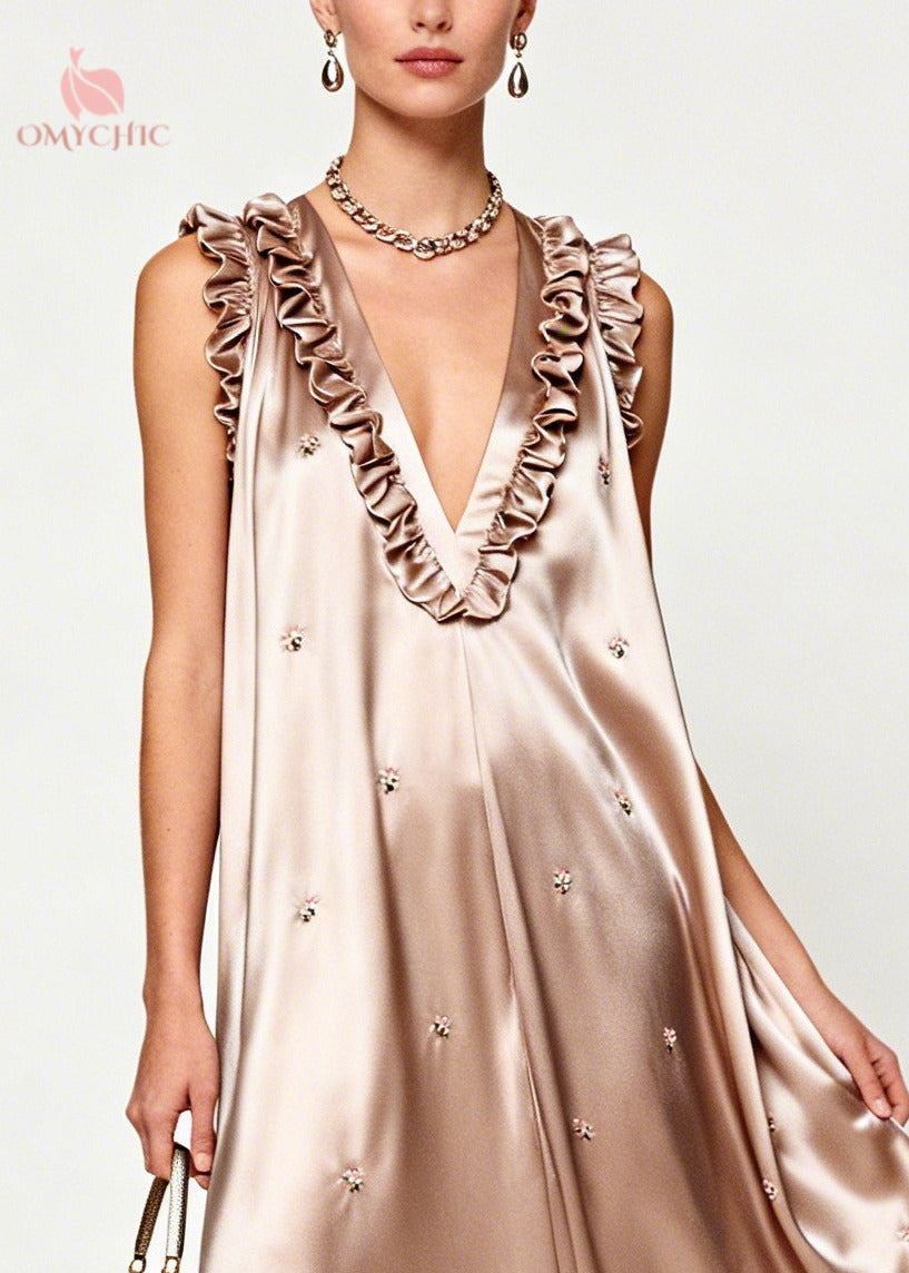Bohemian Khaki Ruffled Floral Silk Holiday Dress Sleeveless