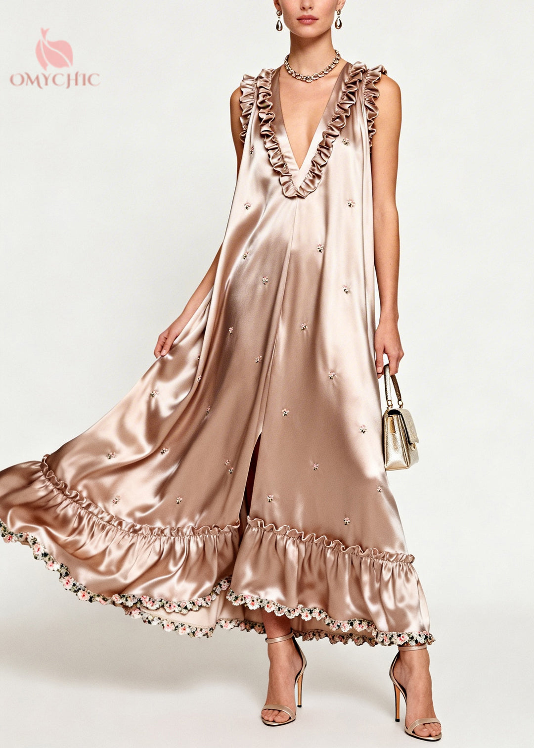 Bohemian Khaki Ruffled Floral Silk Holiday Dress Sleeveless