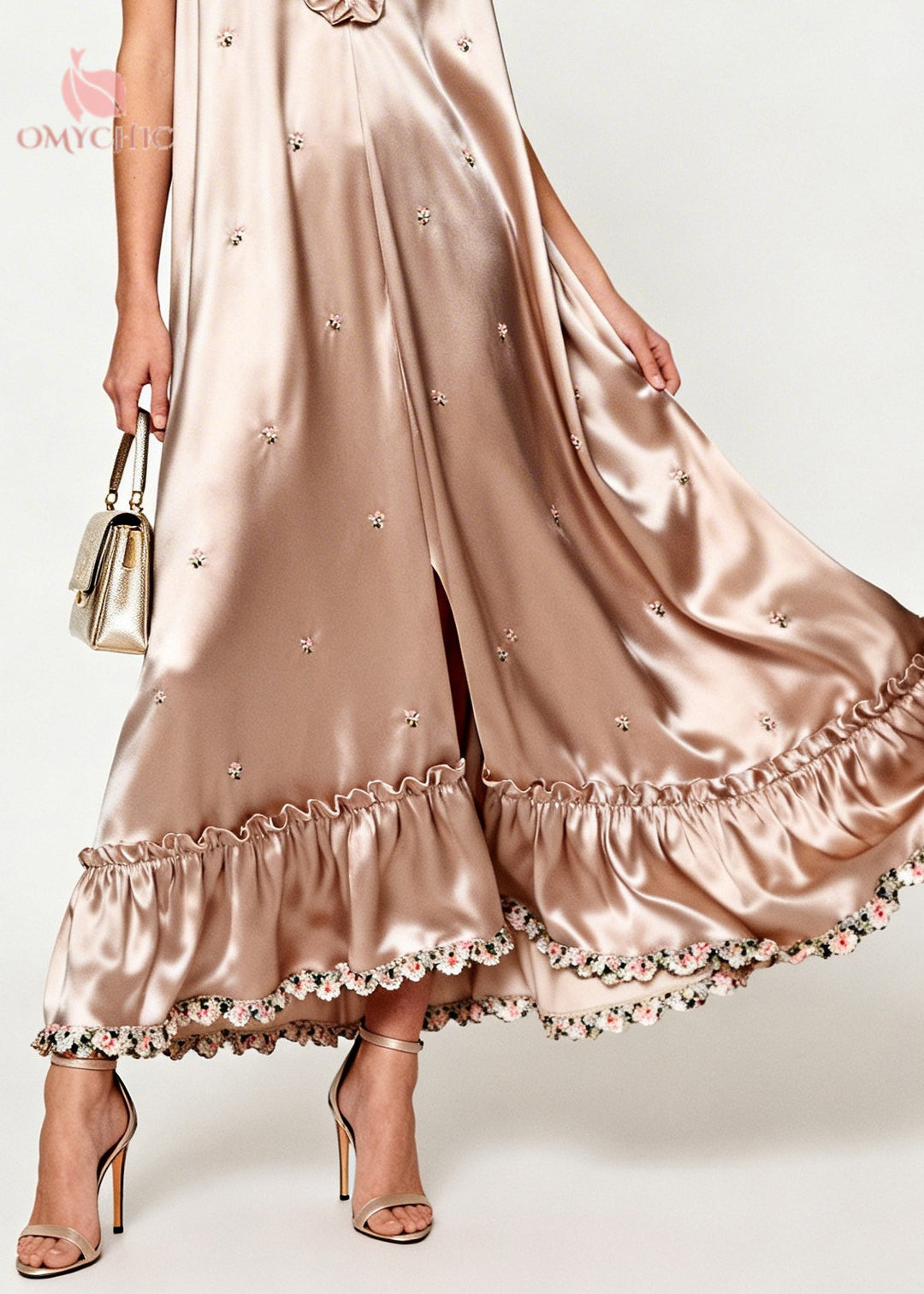 Bohemian Khaki Ruffled Floral Silk Holiday Dress Sleeveless
