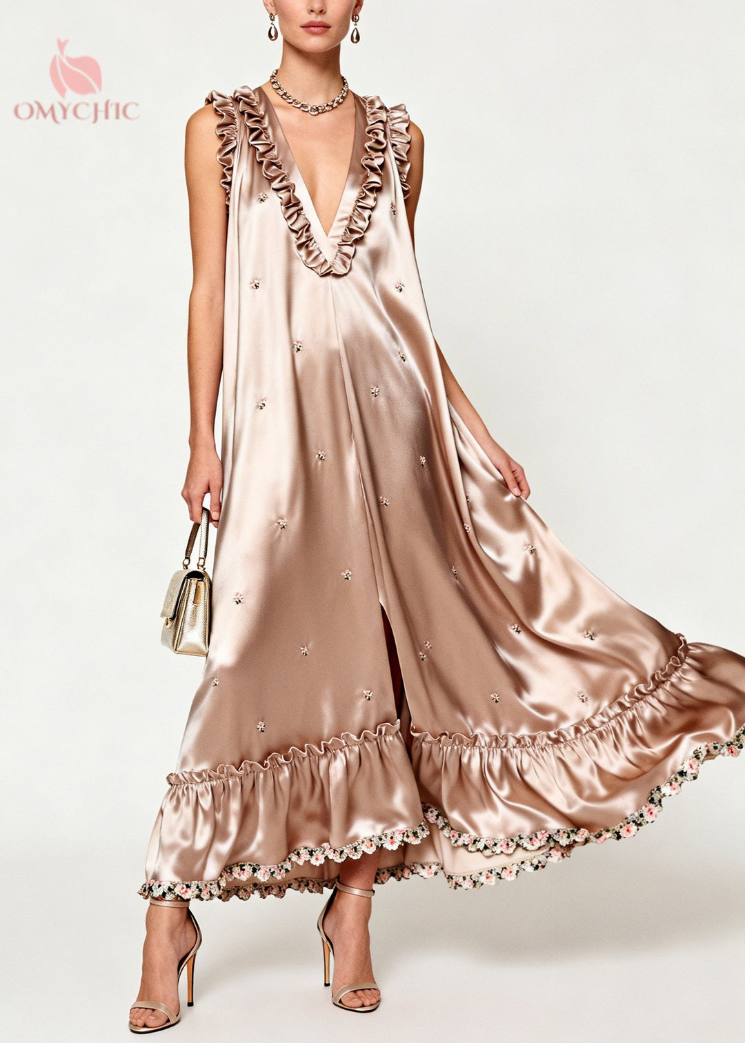 Bohemian Khaki Ruffled Floral Silk Holiday Dress Sleeveless
