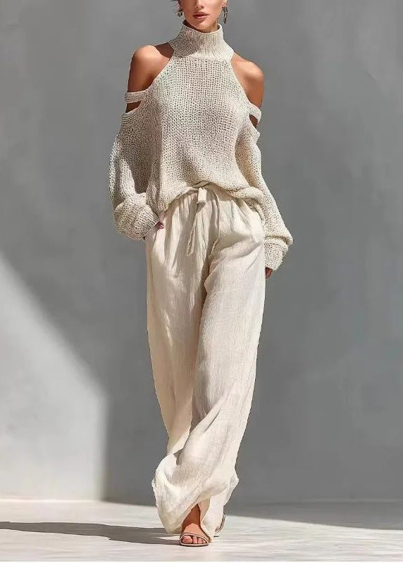 Bohemian Khaki Turtleneck Cold Shoulder Top And Wide Leg Pants Two Pieces Set Summer
