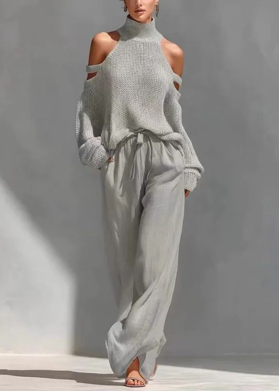 Bohemian Khaki Turtleneck Cold Shoulder Top And Wide Leg Pants Two Pieces Set Summer