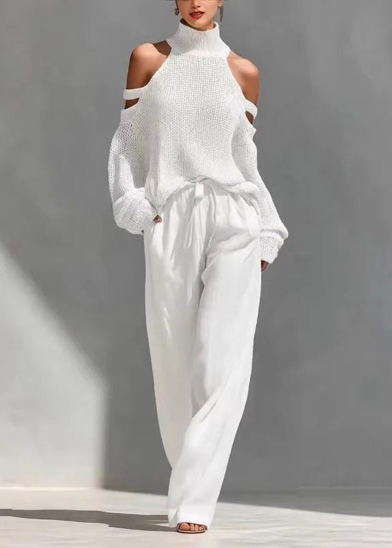 Bohemian Khaki Turtleneck Cold Shoulder Top And Wide Leg Pants Two Pieces Set Summer