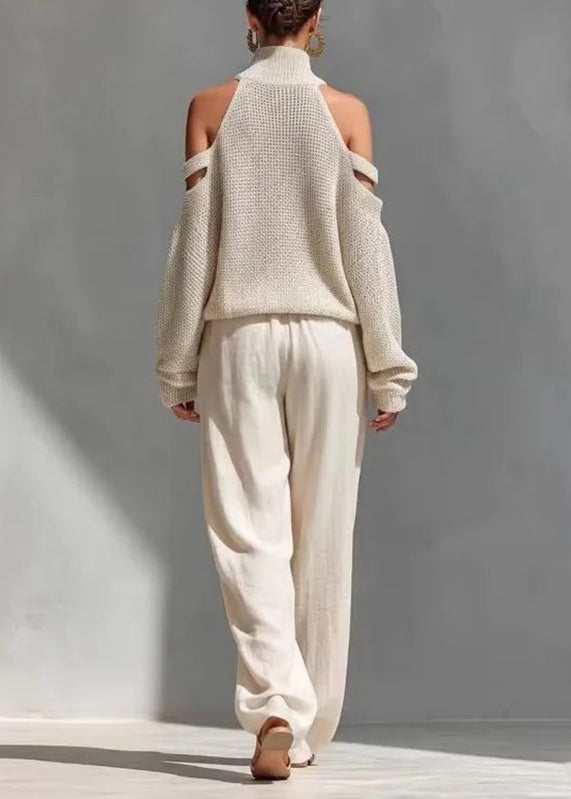 Bohemian Khaki Turtleneck Cold Shoulder Top And Wide Leg Pants Two Pieces Set Summer