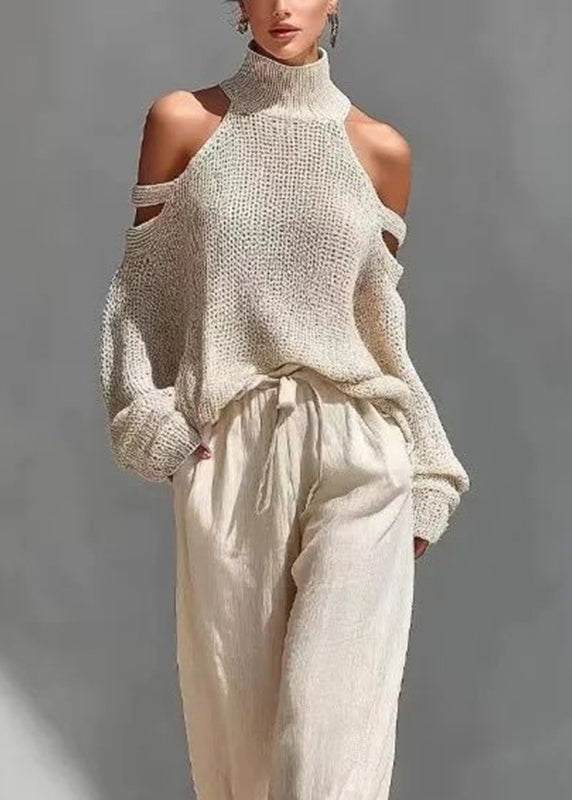 Bohemian Khaki Turtleneck Cold Shoulder Top And Wide Leg Pants Two Pieces Set Summer