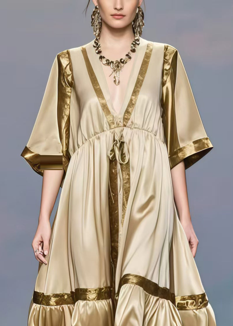 Bohemian Khaki V Neck Patchwork Exra Large Hem Silk Long Dress Half Sleeve